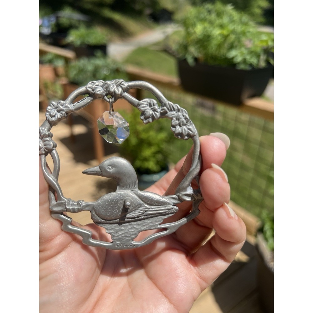 Auralim Canada Pewter Ornament Window Hanger Loon Duck Floral Border Crystal